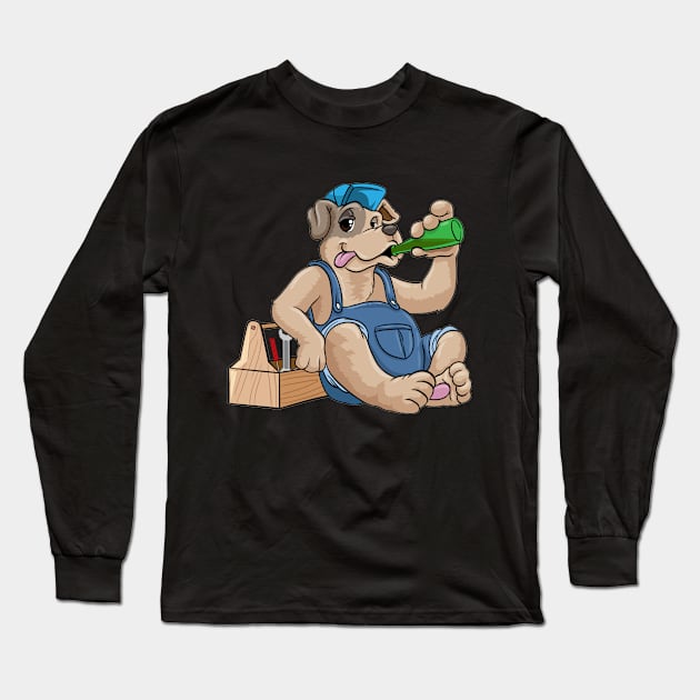 Funny mechanic dog is drinking beer Long Sleeve T-Shirt by Markus Schnabel